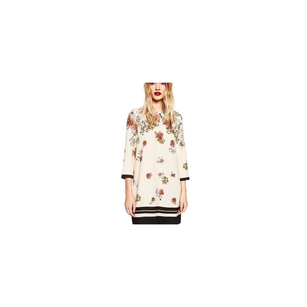 Zara Basic Womens 3/4 Sleeve Floral Shirt Dress Cream Size Large